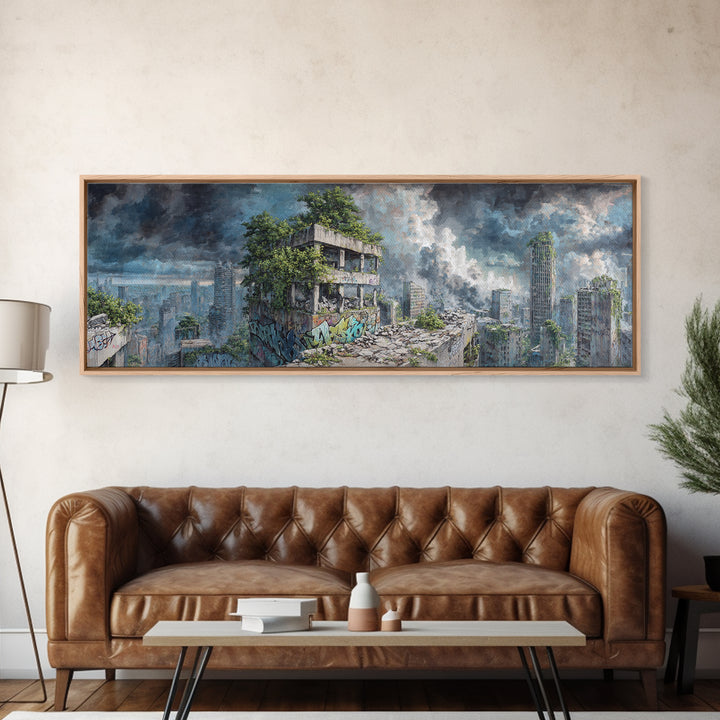 Overgrown Ruined City Under Storm Clouds Canvas Print, Post Apocalyptic Wall Art, Futuristic Urban Landscape, Sci Fi Decor