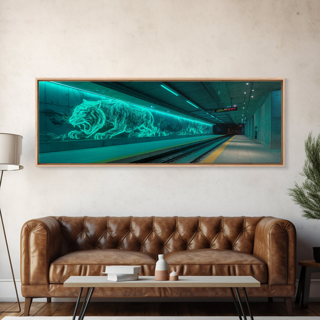 Neon Glowing Tiger Mural Urban Wall Decor Canvas Print Vibrant Modern Wall Art For Office Or Living Room