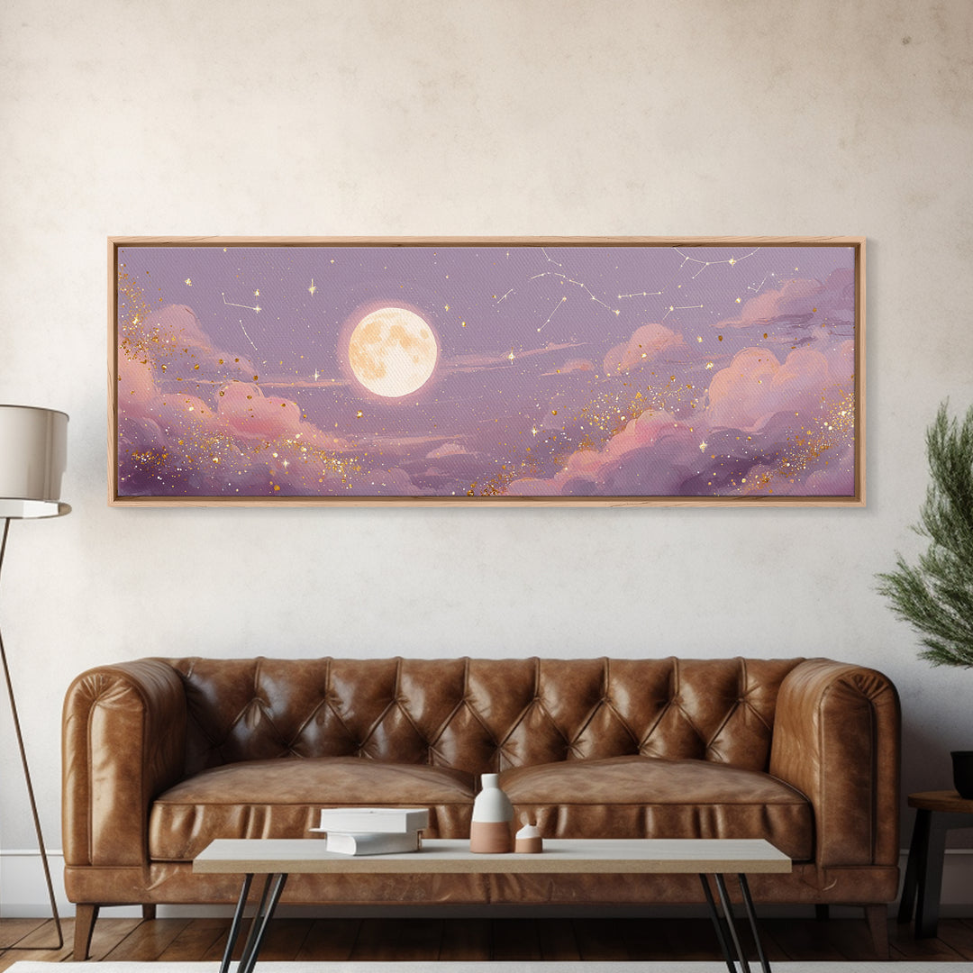 Full Moon Over Pink Clouds And Starry Sky Canvas Print, Celestial Wall Art, Moon Phase Decor, Dreamy Nursery Room Wall Decor