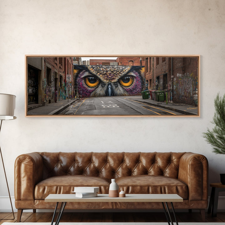 Hyperrealistic Street Mural of Intense Owl Eyes Graffiti Urban Wall Art Framed Canvas Print Bold Contemporary Art for Living Room Decor