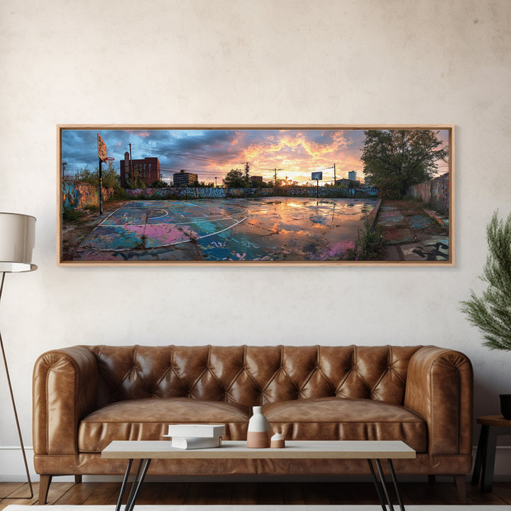 Graffiti Covered Abandoned Outdoor Basketball Court At Sunset, Urban Street Art Wall Decor Canvas Print For Modern Living Room And Wall Art