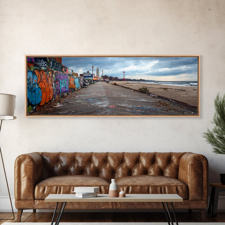 Urban Graffiti Beach Boardwalk Vibrant Street Art Wall Art Coastal Living Room Decor Ocean Scene Canvas Print