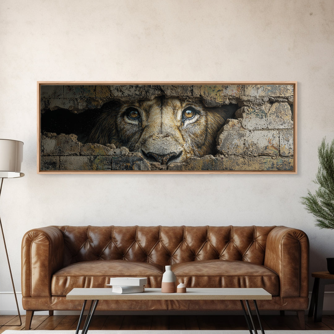 Powerful Lion Peering Through Broken Wall Street Art Canvas Print Bold Wildlife Wall Art For Home Decor And Office Wall Hanging
