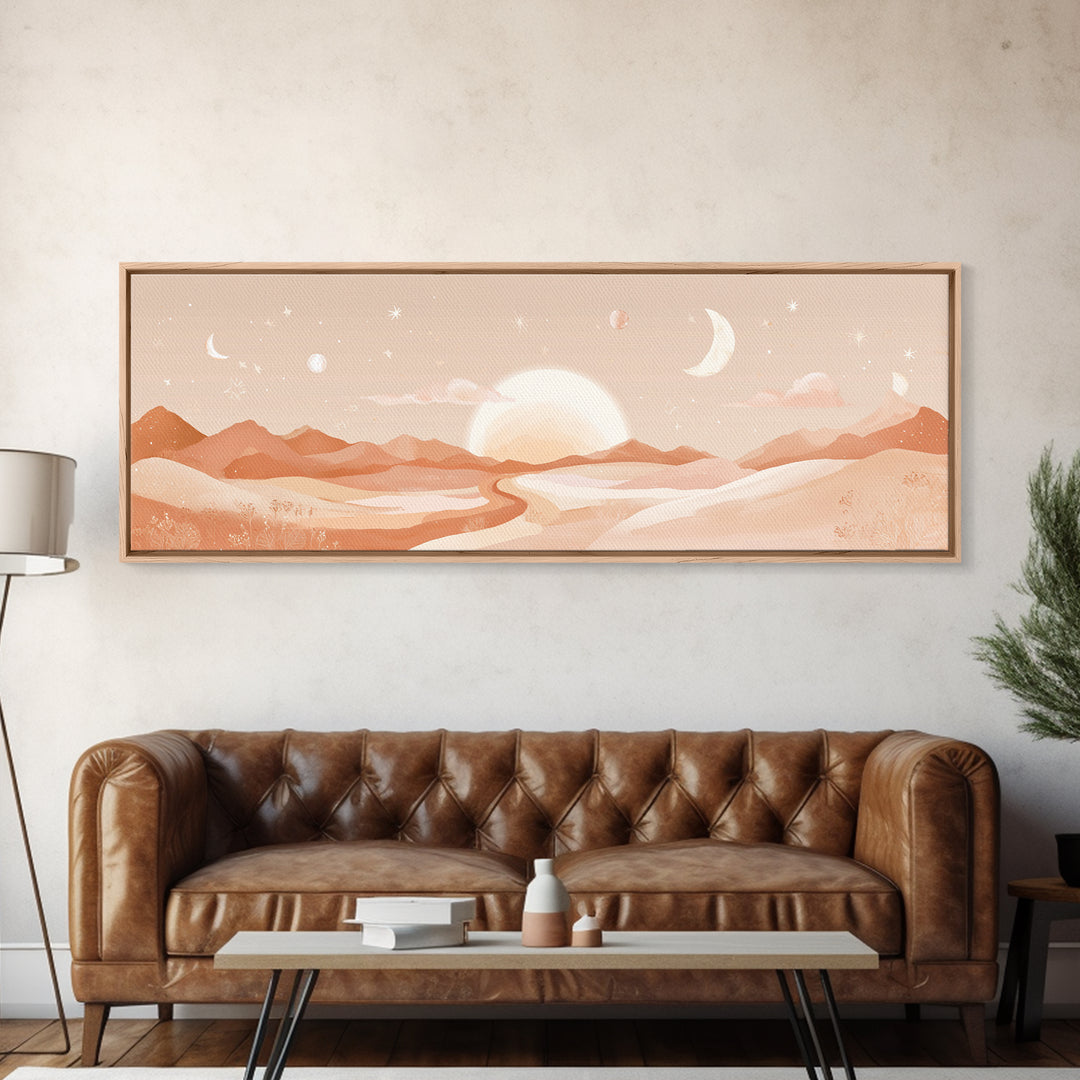 Desert Sunrise With Moon Phases And Terracotta Hills Wall Art, Boho Canvas Print, Southwestern Earth Tone Decor, Nursery Wall Art