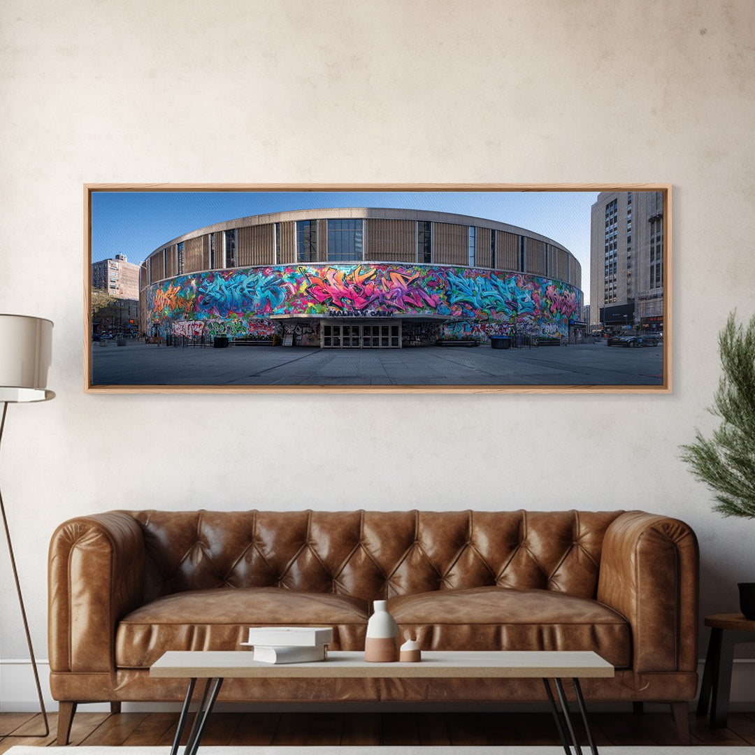 Vibrant Graffiti Wrapped Around Circular Building Urban Wall Art Modern Wall Decor Framed Canvas Print