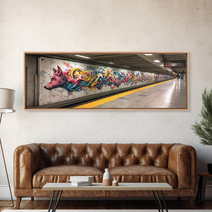 Vibrant Graffiti Mural Of Stylized Fox In Subway Station Long Abstract Street Art Wall Art Canvas Print