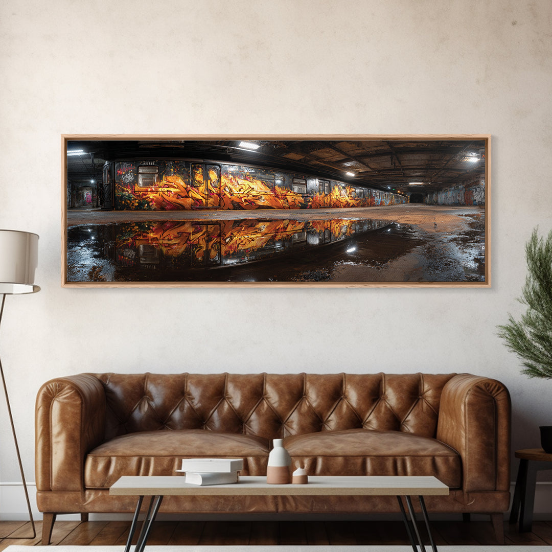Mysterious Urban Graffiti Subway Station With Reflections Moody Street Art Large Canvas Print Framed Wall Art For Contemporary Decor