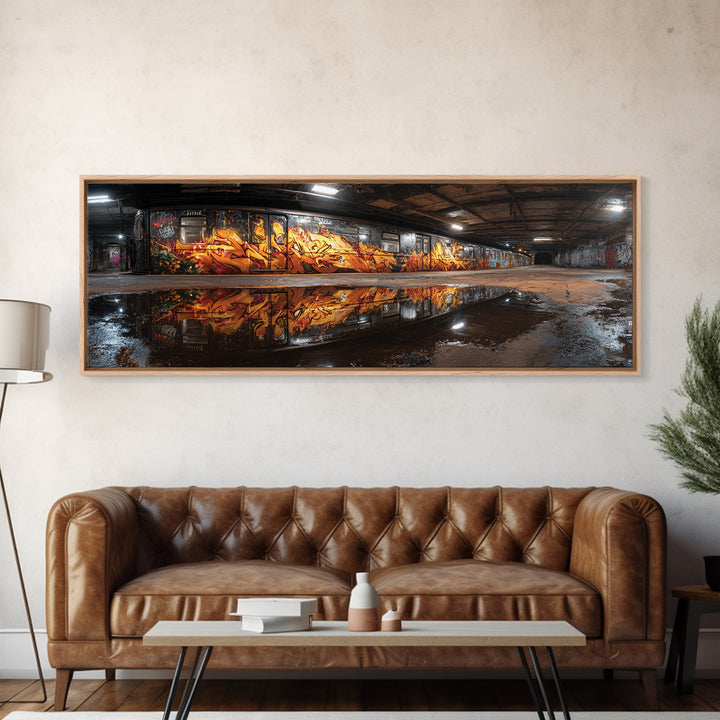 Mysterious Urban Graffiti Subway Station With Reflections Moody Street Art Large Canvas Print Framed Wall Art For Contemporary Decor