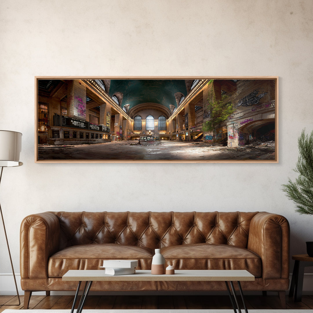 Abandoned Urban Train Station With Graffiti, Nature Reclaiming Space, Moody Decay Landscape Wall Art Canvas Print For Home Decor