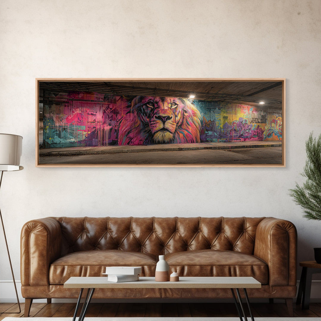 Vibrant Grafitti Lion Mural Street Art With Bright Colors Urban Wall Art Framed Canvas Print
