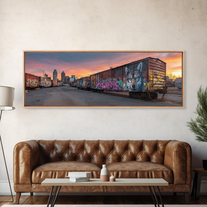 Sunset Skyline With City Train And Vibrant Graffiti Urban Wall Art Print For Modern Living Room Decor And Office Framed Canvas Print