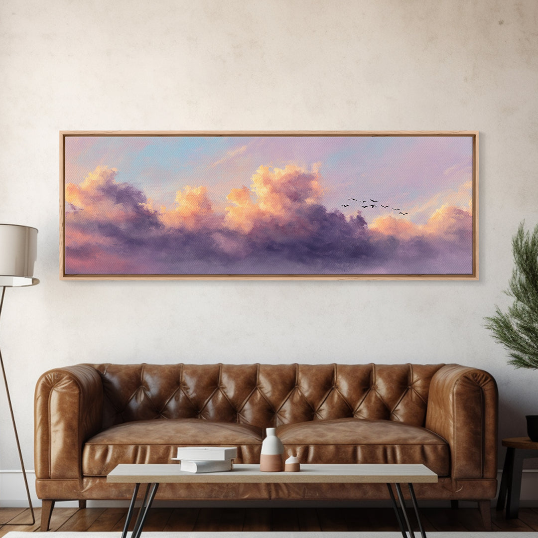 Lavender Sunset Clouds With Flying Birds Wall Art, Pastel Landscape Canvas Print, Calming Bedroom Decor, Living Room Art