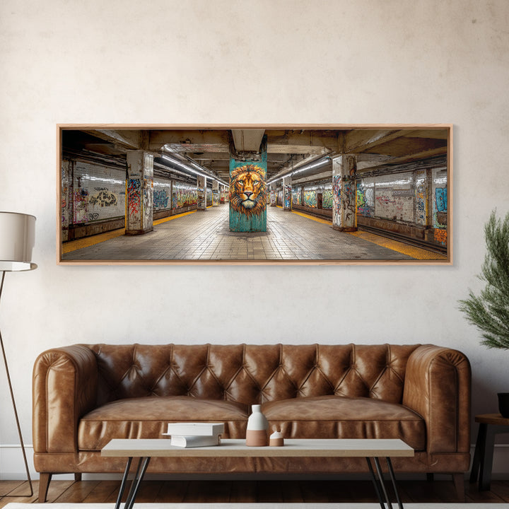 Urban Graffiti Style Subway Station With Bold Lion Mural Vibrant Wall Art Framed Canvas Print