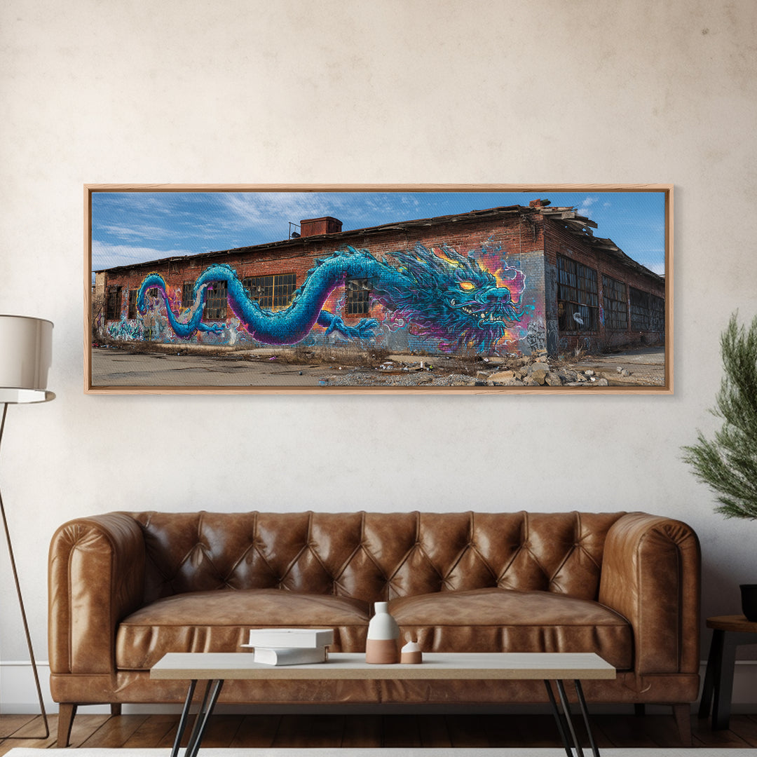 Blue Dragon Graffiti Street Art Wall Art Canvas Print Vibrant Large Urban Wall Decor With Detailed Fantasy Design
