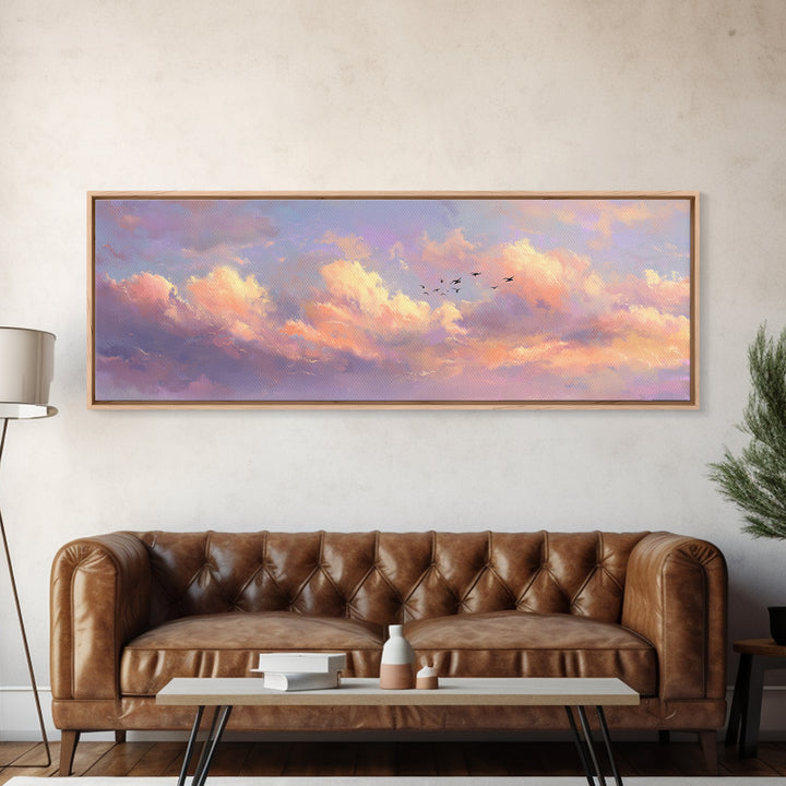 Peach Sunset Clouds With Distant Birds Canvas Print, Soft Pastel Wall Art, Dreamy Landscape Calming Decor, Living Room Wall Art