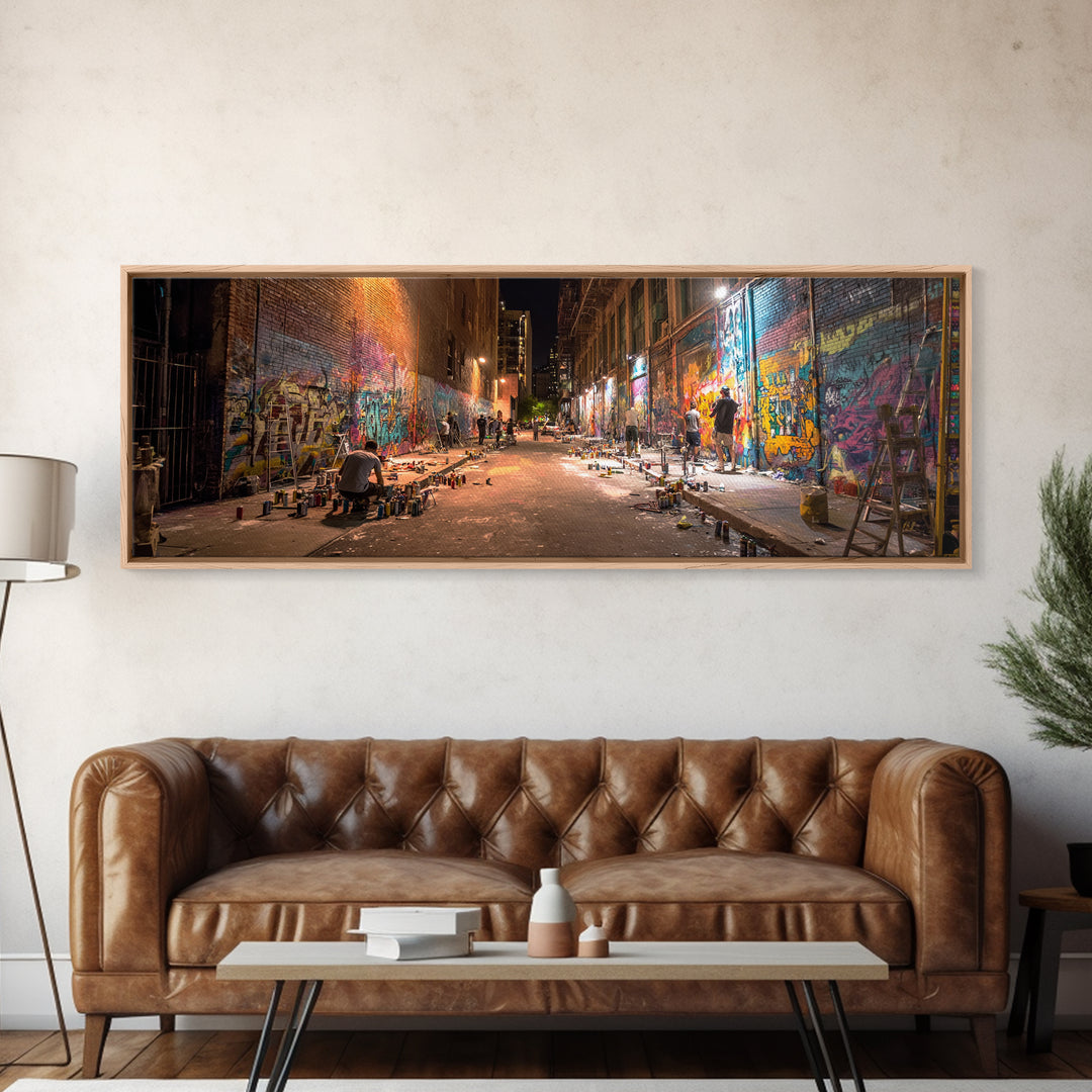 Nighttime Urban Graffiti Alleyway Street Art Scene Vibrant Spray Paint Murals Wall Art Framed Canvas Print