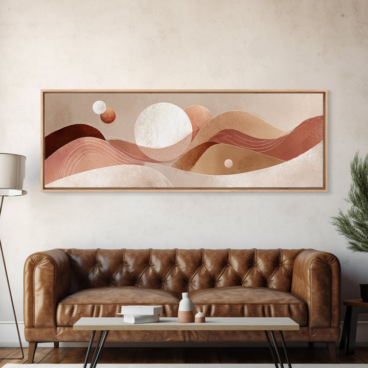 Abstract Terracotta Desert Dunes With Sun And Moons Wall Art, Mid Century Canvas Print, Earth Tone Decor, Modern Boho Art