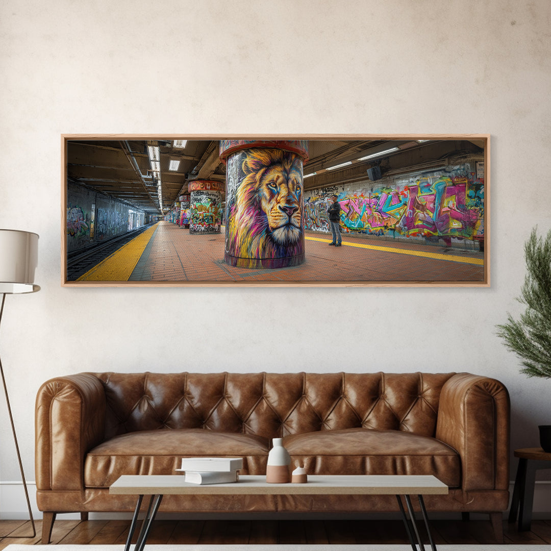 Urban Graffiti Lion Mural Subway Station Wall Art Canvas Print Vibrant Street Art Modern Wall Decor