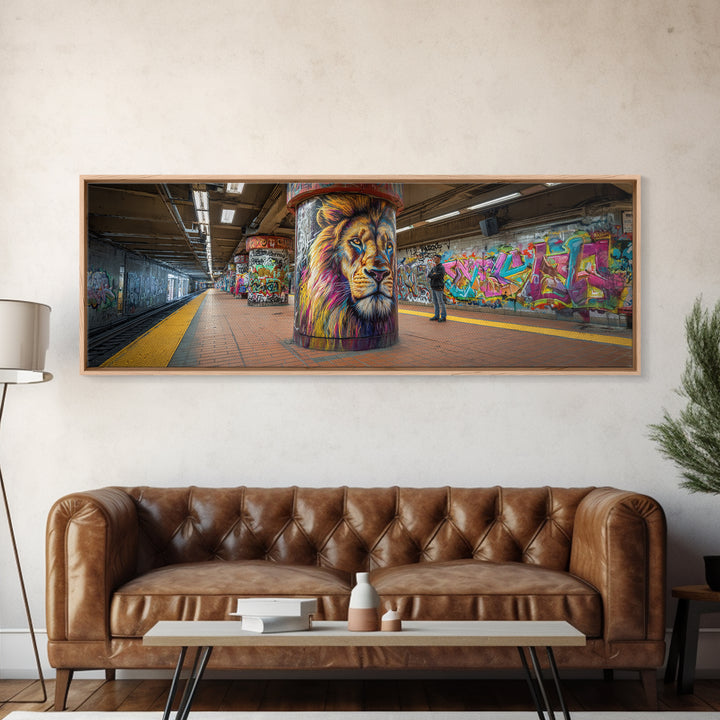 Urban Graffiti Lion Mural Subway Station Wall Art Canvas Print Vibrant Street Art Modern Wall Decor