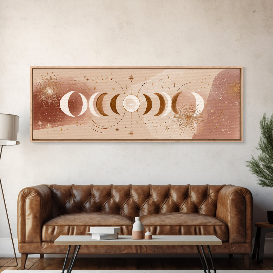 Neutral Moon Phases And Stars Wall Art, Celestial Boho Above Bed Decor, Mystical Lunar Canvas, Modern Bedroom Print, Home Decor