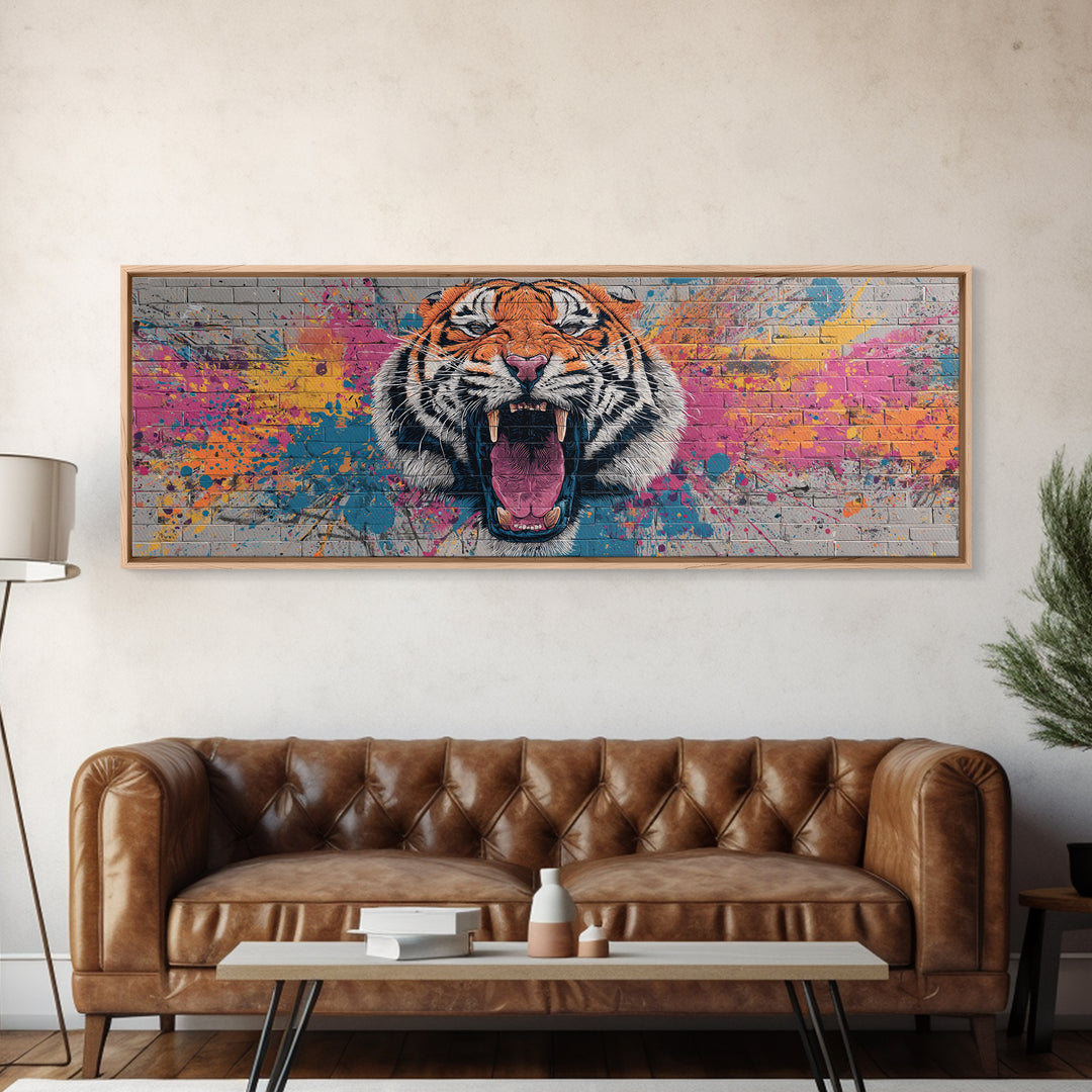 Vibrant Roaring Tiger Graffiti Mural Street Art Wall Painting Framed Canvas Print Urban Home Decor And Bold Living Room Wall Art