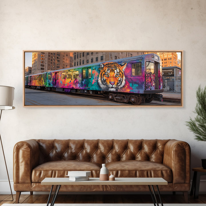 Graffiti Urban Art With Bright Tiger Mural On City Train Vibrant Street Culture Modern Wall Art Canvas Print