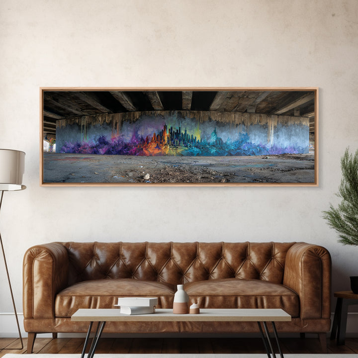 Vibrant Abstract Cityscape Street Art Featuring Colorful Skyline in Purple Blue and Orange Hues Wall Art