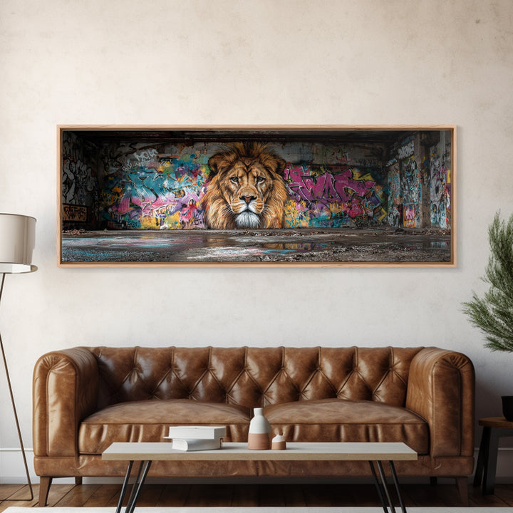 Vibrant Urban Graffiti Lion Mural Canvas Print Capturing Street Art Vibes With Striking Realism And Colorful Background Perfect Large Wall Art Decor