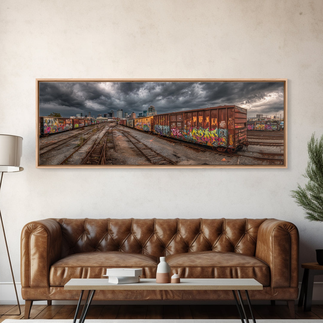 Urban Graffiti Covered Train Yard Under Moody Sky Wall Art Canvas Print For Contemporary Industrial Decor And Street Art