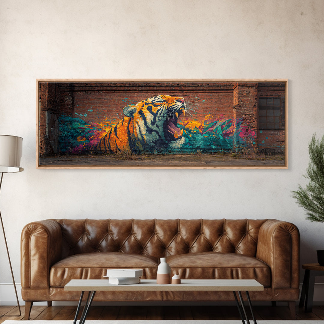 Roaring Tiger Street Art Graffiti Mural Vibrant Colorful Wall Art Framed Canvas Print Urban Home Decor