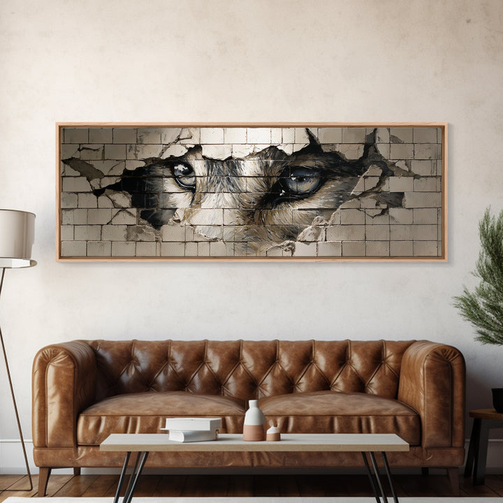 Intriguing Street Art Of Wolf Eyes Peering Through Broken Wall Painted On White Tiles Urban Wall Art Print