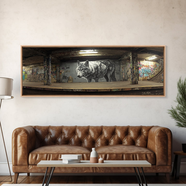Black And White Urban Wolf Mural In Subways Graffiti Wall Art Print For Contemporary Living Room Decor Canvas Print