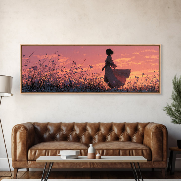 Woman Silhouette In Sunset Wildflower Meadow Canvas Print, Romantic Landscape Wall Art, Boho Bedroom Decor, Gift For Her