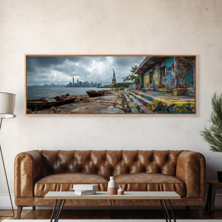 Cityscape With Statue And Graffiti Urban Street Scene Wall Art Framed Canvas Print For Industrial Home Decor And Gift For Him
