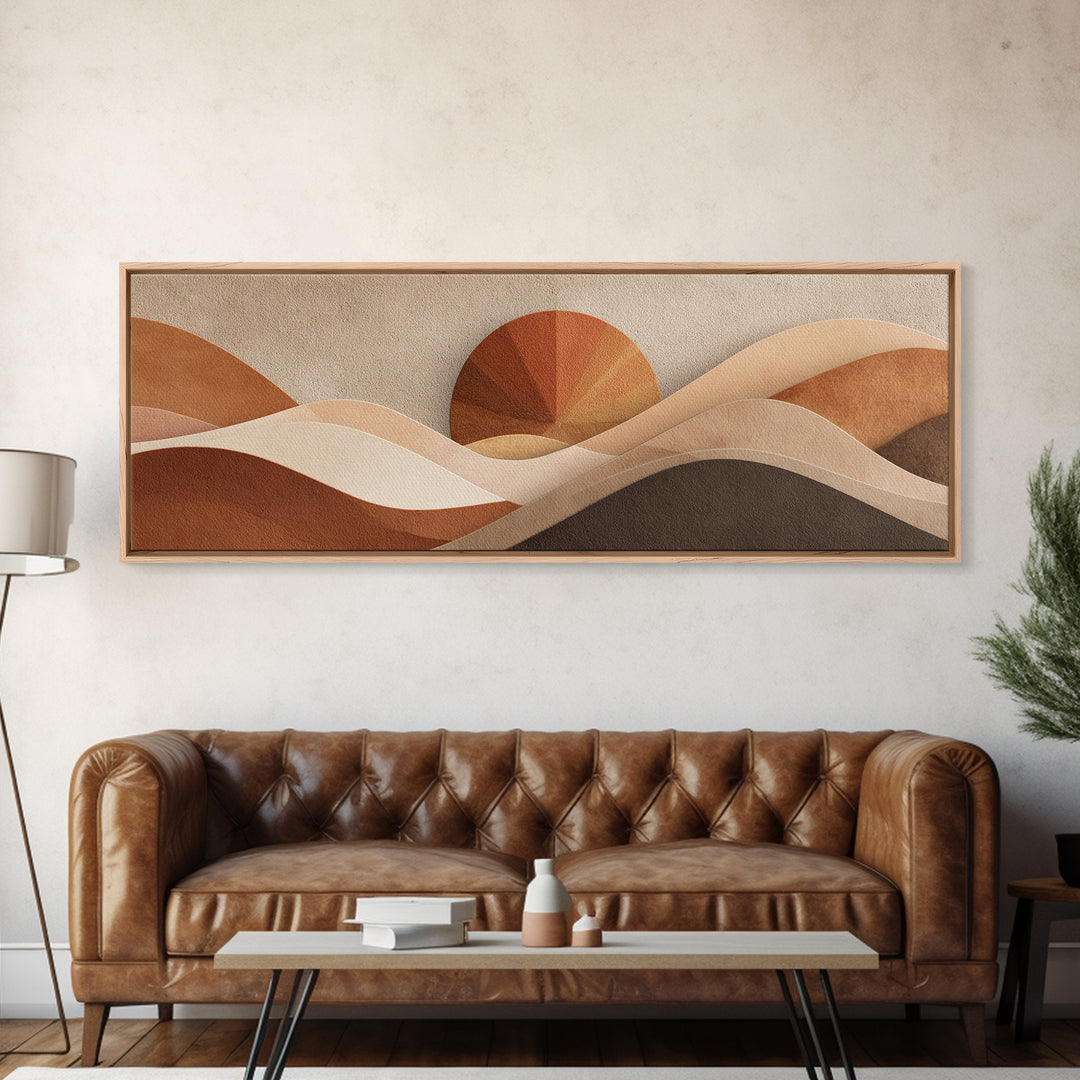 Abstract Desert Dunes And Sun Wall Art, Earth Tone Neutral Landscape, Mid Century Modern Decor, Large Horizontal Canvas Print