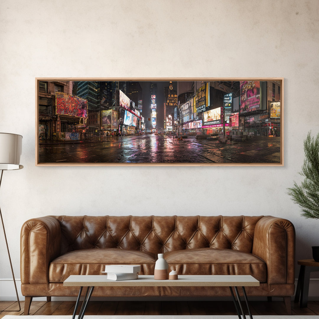 Vibrant Urban Night Scene With Neon Lights And Reflections Cityscape Wall Art Framed Canvas Print For Modern Home Decor