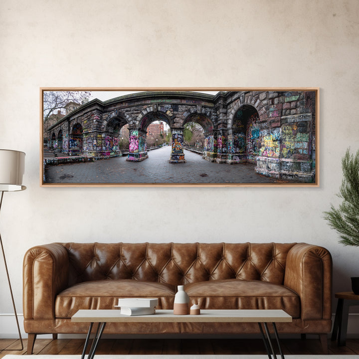 Gothic Urban Stone Archway Decorated With Graffiti In City Park Wall Art Framed Canvas Print