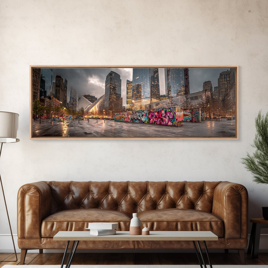 Vibrant Urban Landscape With Graffiti Walls And Reflective Wet Pavement - Modern Wall Art Canvas Print For Loft And City Apartment Decor