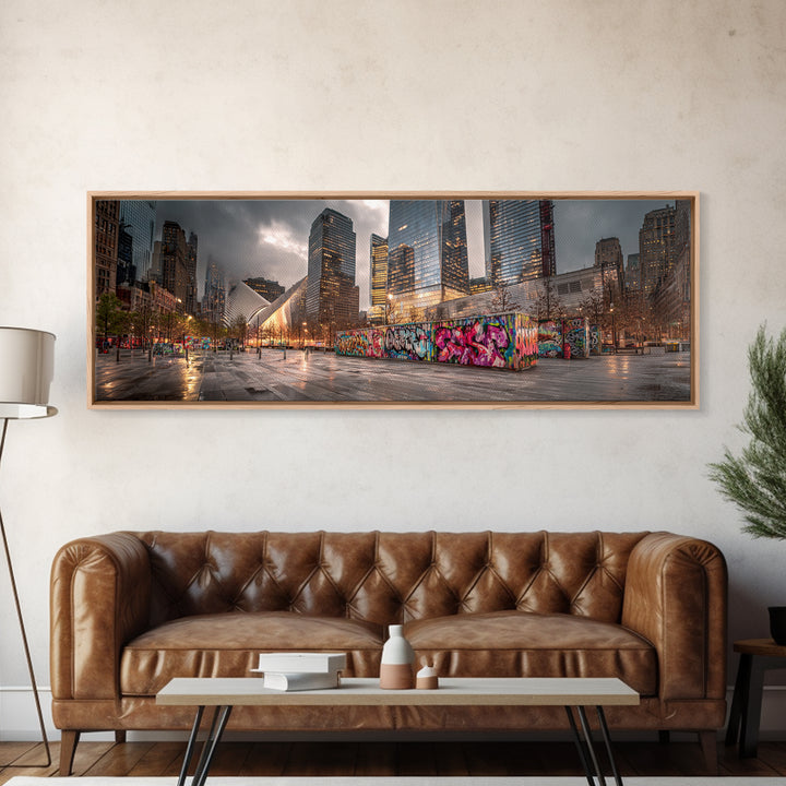 Vibrant Urban Landscape With Graffiti Walls And Reflective Wet Pavement - Modern Wall Art Canvas Print For Loft And City Apartment Decor