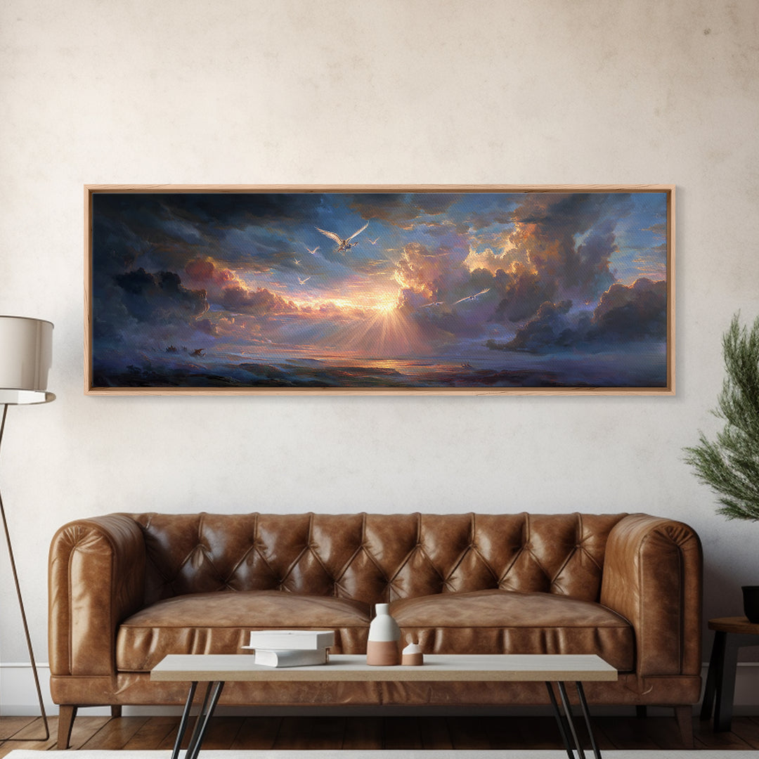 Dramatic Sunrise Over Stormy Sea Wall Art, Coastal Seascape Canvas Print, Inspirational Nature Decor, Living Room Wall Art