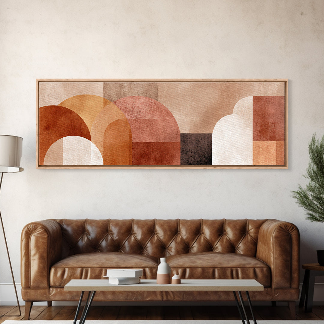 Terracotta Geometric Arches Wall Art, Neutral Abstract Shapes, Boho Modern Art Home Decor, Mid Century Framed Canvas Print