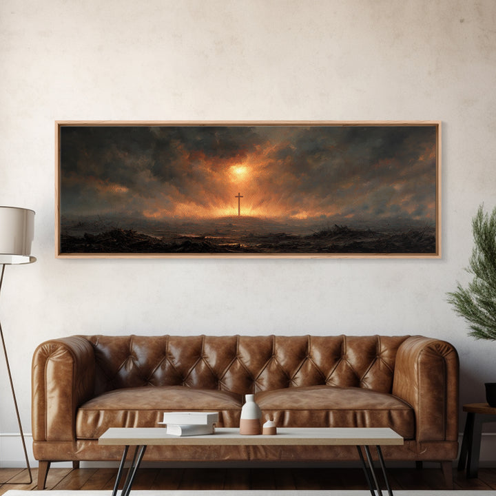 Dramatic Religious Cross Scene In Fiery Sunset Sky Oil Painting Canvas Print For Moody Wall Art And Christian Home Decor