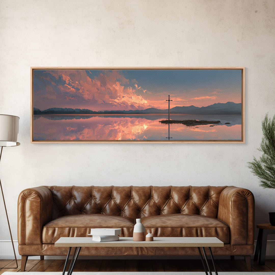 Peaceful Sword In Lake At Sunset Landscape Painting Wall Art Framed Canvas Print Tranquil Nature Scene For Bedroom Or Living Room Neutral Decor