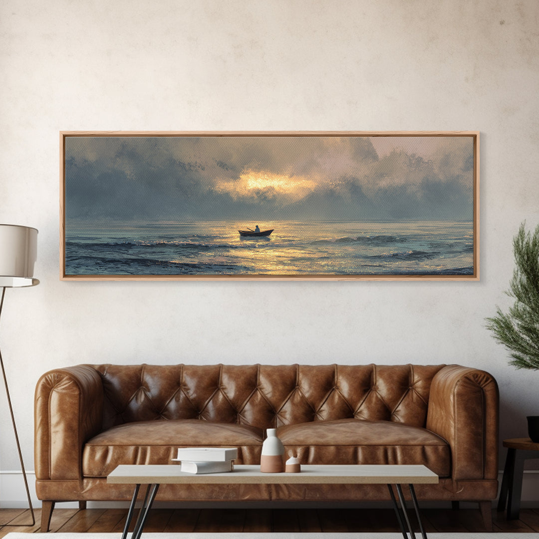 Contemplative Boat At Sea Sunrise Tranquil Ocean Scene Watercolor Style Wall Art Canvas Print Beach Decor