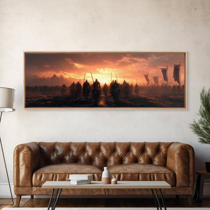 Epic Medieval Battle Scene At Sunset With Armored Knights And Banners Wall Art Framed Canvas Print For Home Decor
