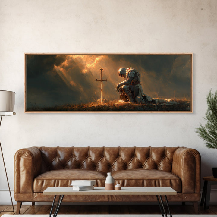 Kneeling Knight At Glowing Cross Wall Art, Christian Medieval Warrior Canvas, Prayer Room Decor, Inspirational Gift For Him