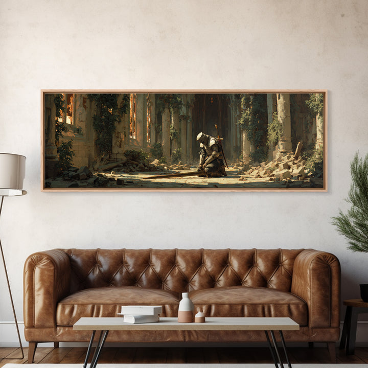 Kneeling Medieval Knight In Ruined Gothic Chapel With Sword Framed Canvas Print Dark Moody Wall Art