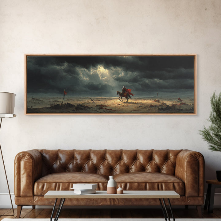 Medieval Knight On Horseback Under Moody Skies, Epic Historical Oil Painting Wall Art Print, Large Canvas Print For Dramatic Home Decor