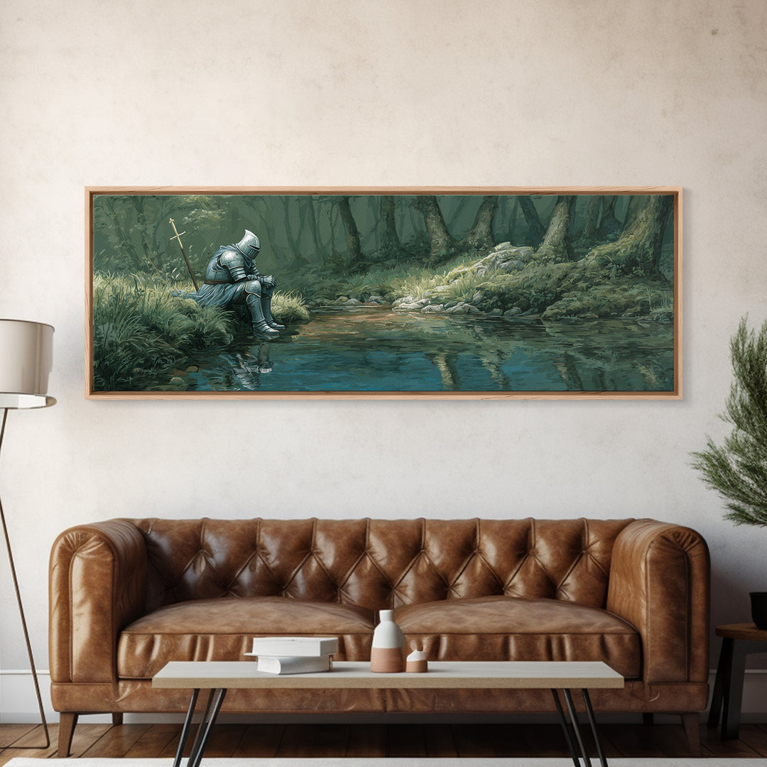 Reflective Knight In Armor Sitting Near Stream Fantasy Wall Art Canvas Print For Living Room Decor