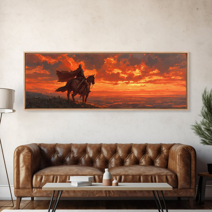 Knight In Armor On Horseback At Dusk Dramatic Sunset Canvas Print With Fiery Sky And Epic Medieval Scene Wall Art For Living Room Decor